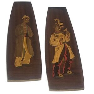 Pair‎ VTG Italian Marquetry Wood Inlay Hobo Clown Wall Plaques Wall Art READ
